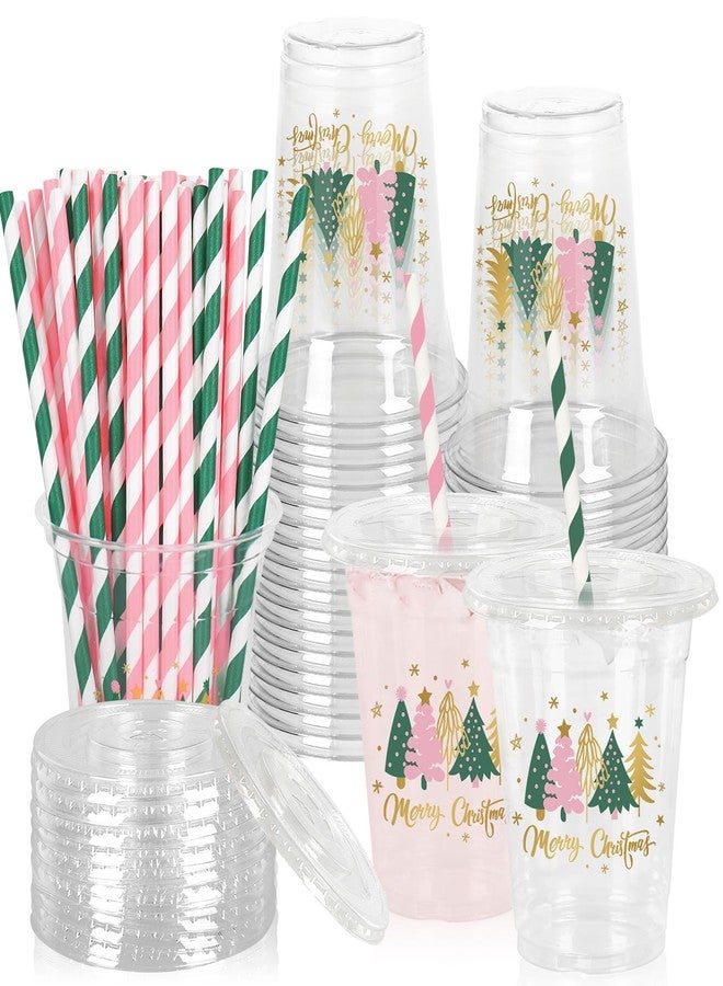 JarThenaAMCS 50Pcs Christmas Plastic Cups with Lids Straws Boho Xmas Tree Drinking Cup 12oz Pink Green Gold Holiday Disposable Cups for Xmas Winter Baby Shower Family Gatherings Decorations Supplies - Image 1
